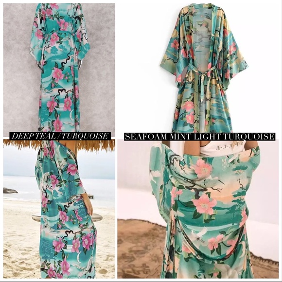 Perching Kimono robe / wrap / cover up turquoise & pink ( deep teal ) gift airy - Picture 6 of 16